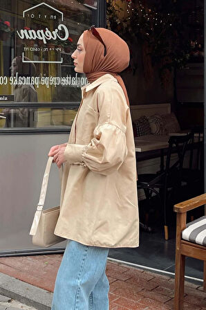 Kol Bağlama Detaylı Oversize Gömlek Bej