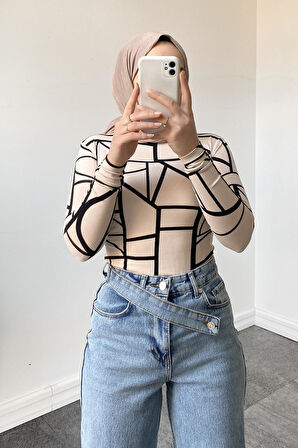 Bisiklet Yaka Geometrik Desenli Body Krem