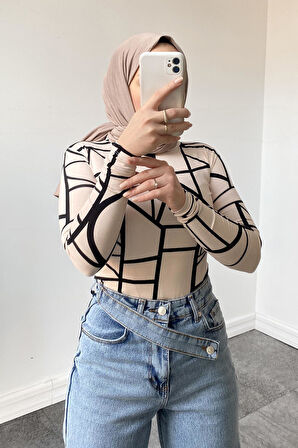 Bisiklet Yaka Geometrik Desenli Body Krem