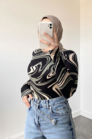 Bisiklet Yaka Dalga Desen Body Yeşil