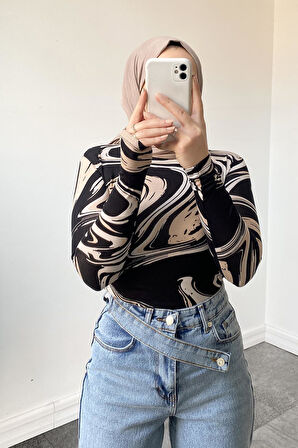 Bisiklet Yaka Dalga Desen Body Bej
