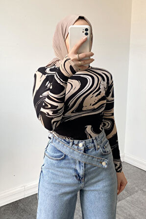 Bisiklet Yaka Dalga Desen Body Bej