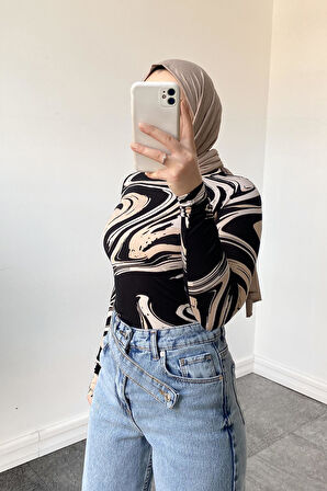 Bisiklet Yaka Dalga Desen Body Bej