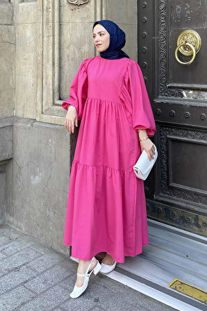 Balon Kol Katlı Yazlık Elbise Pembe