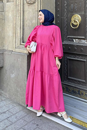 Balon Kol Katlı Yazlık Elbise Pembe