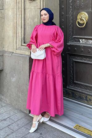 Balon Kol Katlı Yazlık Elbise Pembe