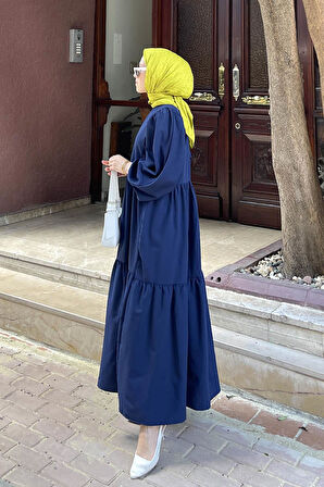 Balon Kol Katlı Yazlık Elbise Lacivert