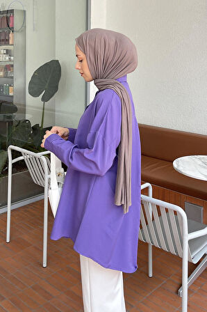 Tek Cep Detaylı Oversize Gömlek Mor