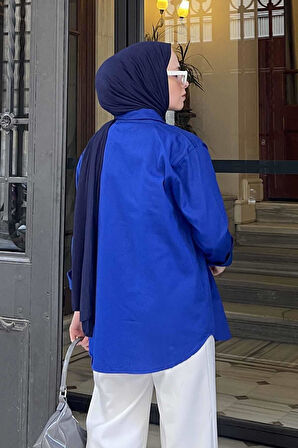 Tek Cep Detaylı Gabardin Gömlek Saks Mavisi