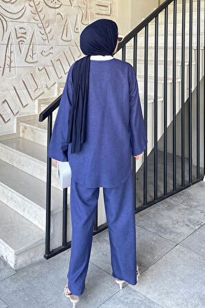 Ön Çift Bağcık Detaylı Kimono Tesettür Takım Lacivert