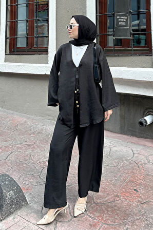 Ön Çift Bağcık Detaylı Kimono Tesettür Takım Siyah