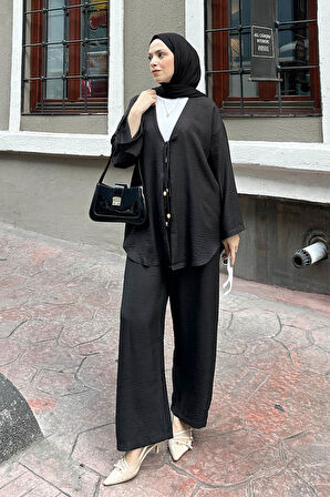 Ön Çift Bağcık Detaylı Kimono Tesettür Takım Siyah