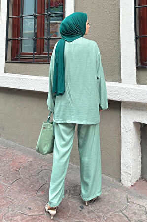 Bağlama Detaylı Kimono Tesettür Takım Mint Yeşili