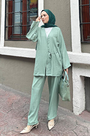 Bağlama Detaylı Kimono Tesettür Takım Mint Yeşili
