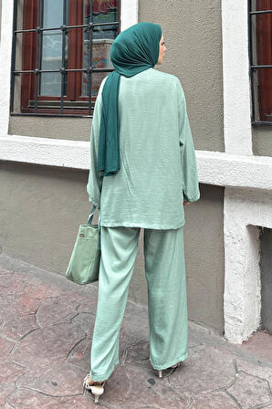 Bağlama Detaylı Kimono Tesettür Takım Mint Yeşili