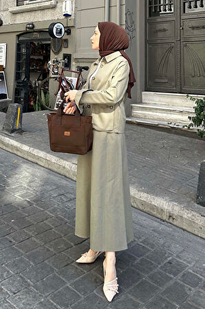 Cep Detaylı İkili Etek Tesettür Takım Haki