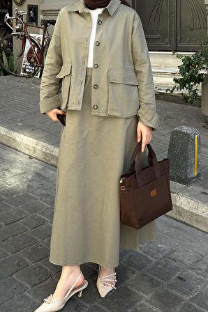 Cep Detaylı İkili Etek Tesettür Takım Haki