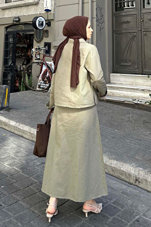 Cep Detaylı İkili Etek Tesettür Takım Haki
