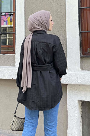 Belden Bağlamalı Tunik Gömlek Siyah