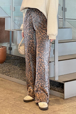 Parlak Leopar Desenli Bol Paça Pantolon Çikolata Kahve