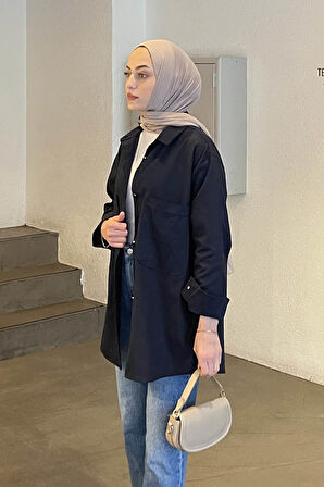 Çift Cepli Önü Boydan Düğmeli Gömlek Lacivert
