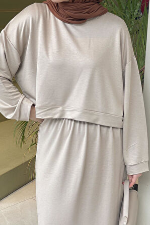 Balon Etekli Tesettür Takım Bej