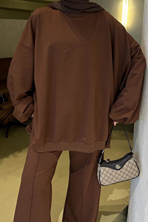 Kapşonlu Pantolonlu İkili Tesettür Takım Acı Kahverengi