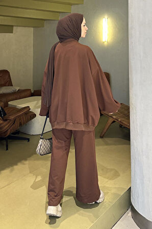 Kapşonlu Pantolonlu İkili Tesettür Takım Acı Kahverengi