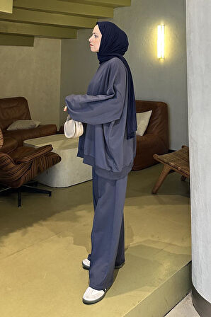 Kapşonlu Pantolonlu İkili Tesettür Takım Antrasit