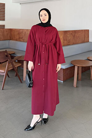 Takma Manşet Detaylı Dabıl Tesettür Elbise Bordo