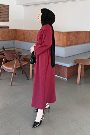 Takma Manşet Detaylı Dabıl Tesettür Elbise Bordo