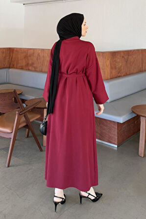 Takma Manşet Detaylı Dabıl Tesettür Elbise Bordo