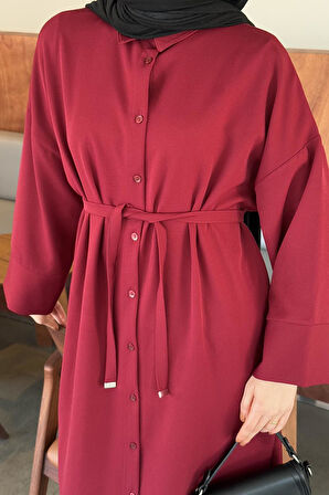 Takma Manşet Detaylı Dabıl Tesettür Elbise Bordo