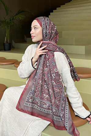 Retro Desen Soft Şal Koyu Bordo
