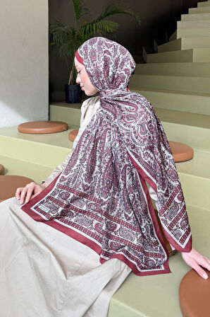 Retro Desenli Soft Şal Bordo Bej