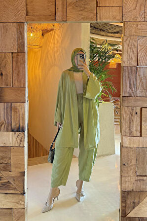 Gofre Kimono İkili Tesettür Takım Mint Yeşili