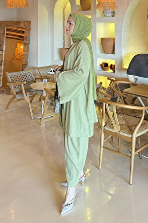 Gofre Kimono İkili Tesettür Takım Mint Yeşili