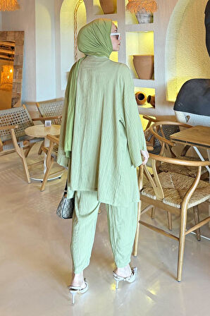 Gofre Kimono İkili Tesettür Takım Mint Yeşili