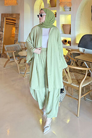 Gofre Kimono İkili Tesettür Takım Mint Yeşili
