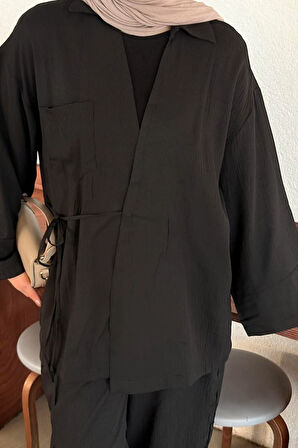 Yandan Bağlamalı Kimono -Şalvar İkili Tesettür Takım Siyah
