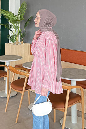 Lamis Tek Cepli Çizgili Gömlek Pembe