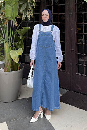 Ön Cep Detaylı Denim Salopet Elbise Mavi