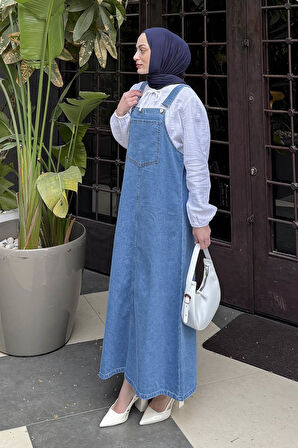 Ön Cep Detaylı Denim Salopet Elbise Mavi