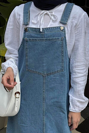 Ön Cep Detaylı Denim Salopet Elbise Mavi