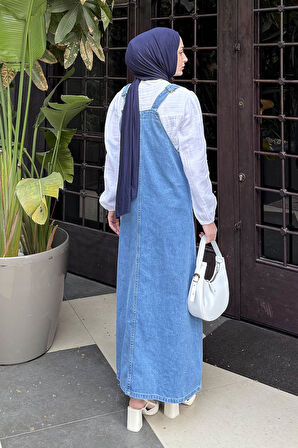 Ön Cep Detaylı Denim Salopet Elbise Mavi
