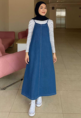 Askılı Denim Salopet Elbise Mavi