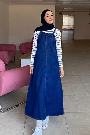 Askılı Denim Salopet Elbise Koyu Mavi