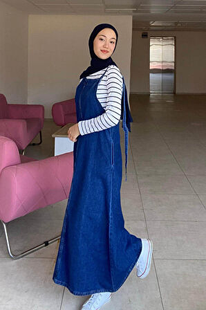 Askılı Denim Salopet Elbise Koyu Mavi