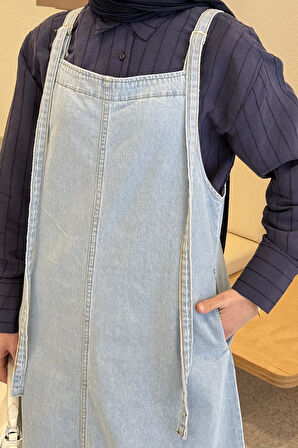 Askılı Denim Salopet Elbise Buz Mavisi