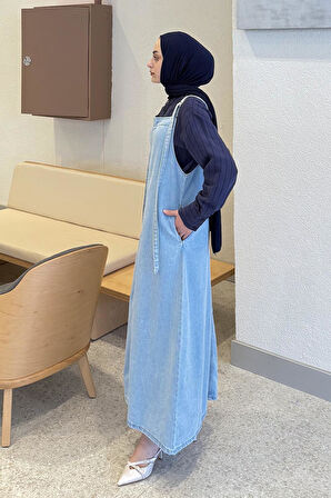 Askılı Denim Salopet Elbise Buz Mavisi